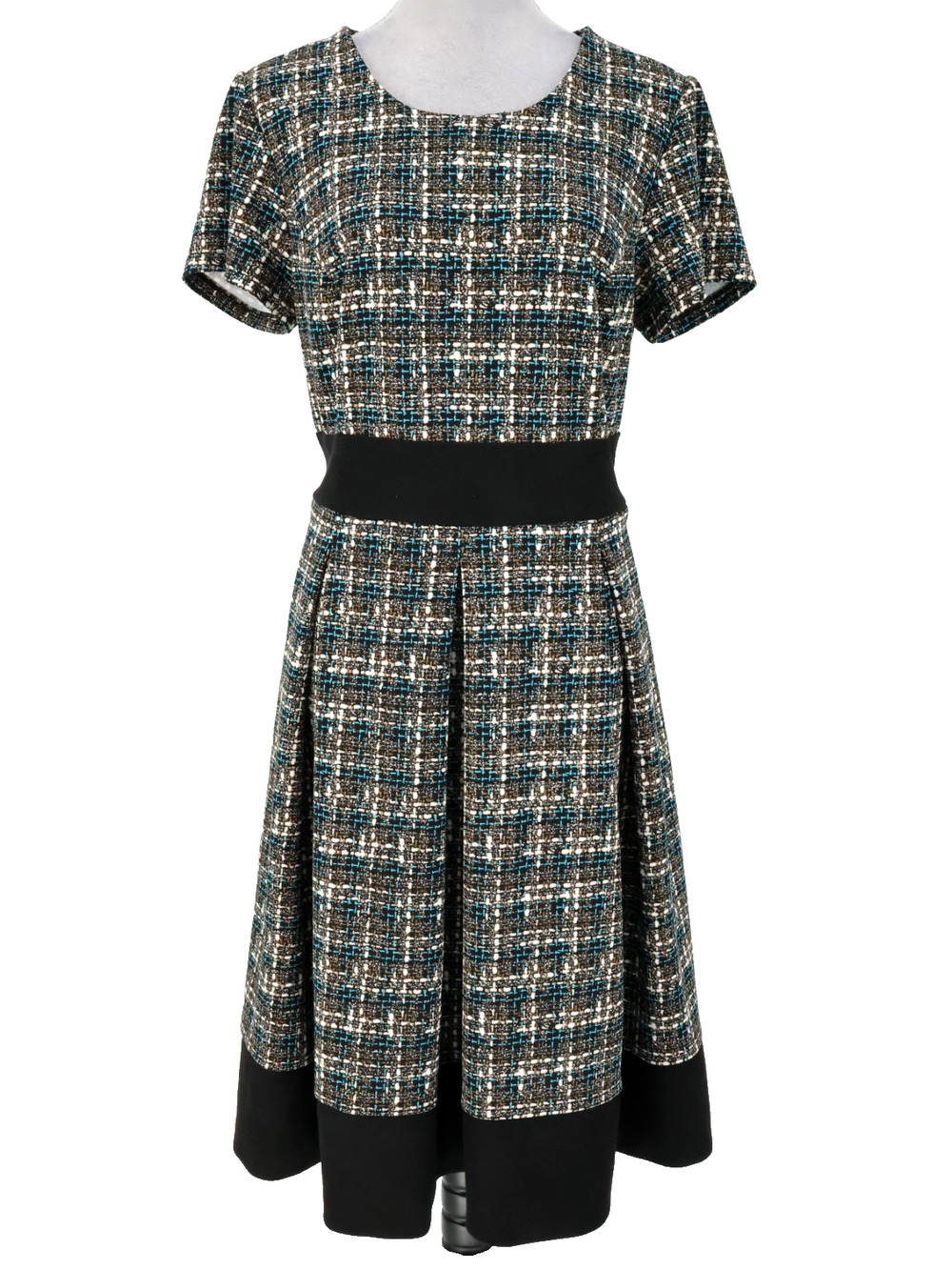 Shelby and Palmer Dress Womens 16 Black Beige Plaid Stretch Knit Faux Suede Trim
